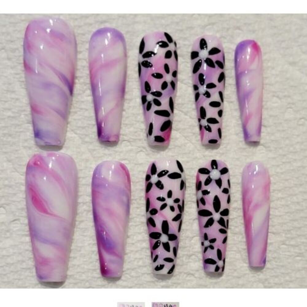 Rainbow watercolor marble 90s y2k floral flower press on nails long coffin